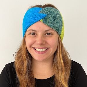 Hand Knit Twisted Headband in Blue Green Yellow